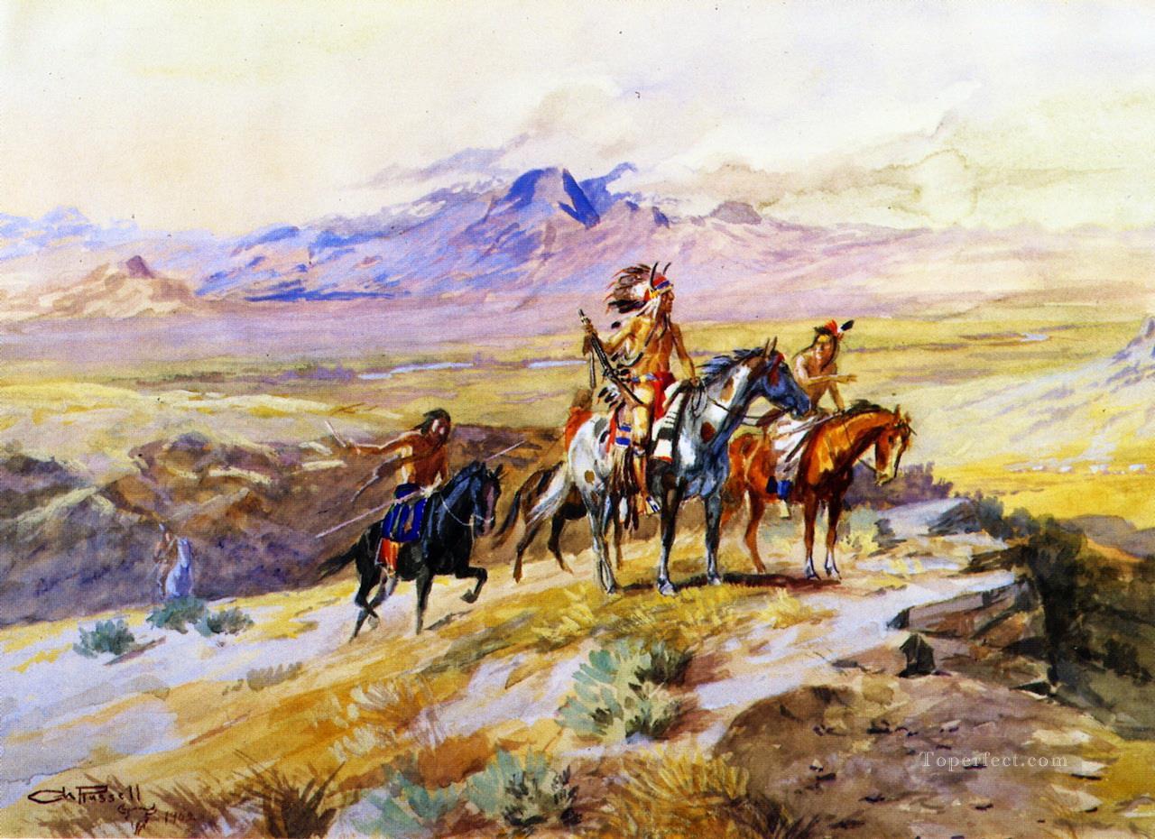 Indios explorando una caravana 1902 Charles Marion Russell Pintura al óleo